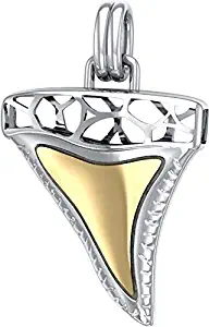 US Jewels 1.5in 925 Sterling Silver & 14K Gold Plated 3D Window to Universe Shark Tooth Pendant