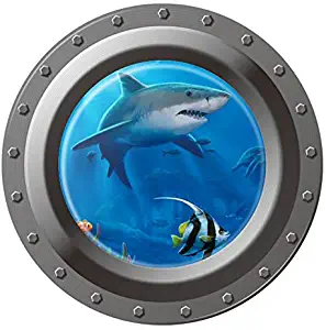 Home Find 3D False Porthole Decals View of Ocean Undersea World Shark Tropical Fish Turtle Wall Stickers Peel and Stick Removable Vinyl Arts for Kids Room Nursery Home Decor 17.7 inches x 17.7 inches