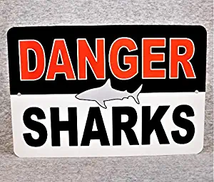 N/ A Metal Sign Danger Sharks Warning Beware Great White Tiger Blue Ocean mako Hammerhead Whale Teeth Grey Reef Beach House Marine Biologist