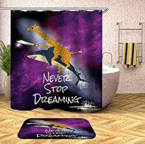 SARA NELL Shower Curtain Purple Cloud Giraffe Riding Great White Shark Bath Curtain 72X72In Polyester Shower Curtains with 15.7X23.6In Flannel Non-Slip Floor Doormat Bath Rugs