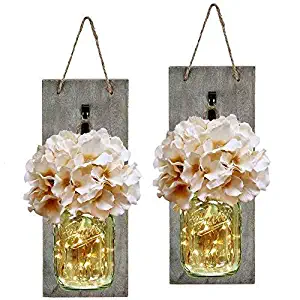 HABOM Rustic Mason Jar Wall Decor Sconces - Decorative Home Lighted Country House Hanging with LED Fairy Strip Lights and Flowers Hydrangea Farmhouse Sconce Jars (Set of 2)