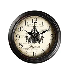 Adeco 14"~15" Black Brown Antique-Look Dial Decorative Vintage Retro Traditional Wall Hanging Round Rococo Chandelier Detail, Round Circle Iron Clock,Home Office Decor