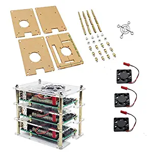RICHEN 3-Layer Acrylic Shell +3 Pieces Cooling Fan for Raspberry Pi 3B/2B/B+