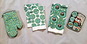 Owl Linen 5 Piece Bundle Package Oven Mitt (1) Pot Holders (1) Kitchen Towels (1) Dish Clothes (2) (#4345) D