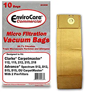 EnviroCare Replacement Vacuum Bags for Advance Spectrum, Clarke CarpetMaster, Nilfisk Uprights 10 Pack with 2 Filters