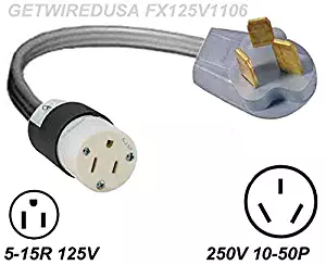 Electrical Stove 10-50P 3-Pin Male 220/250V Plug To Gas Range 5-15R 110/125V 3-Prong Female Standard Wall Receptacle Socket Oven Outlet Adapter, Power Connector Cord Convert NEMA UL-FX125V1106-R
