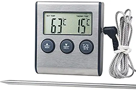 VIRGIN FOREST Large LCD Digital Cooking Food Meat Thermometer for Smoker Oven Kitchen BBQ Grill Thermometer Clock Timer with Stainless Steel Temperature