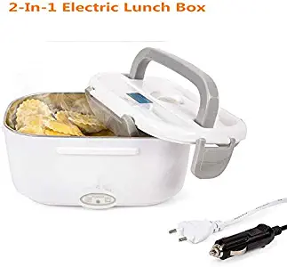 2 in 1 Electric Lunch Box for Car and Work Hot Food Stainless Steel 12 V and 110V Lid and Thermos 40 W with Spoon and Two Compartments (Gray)