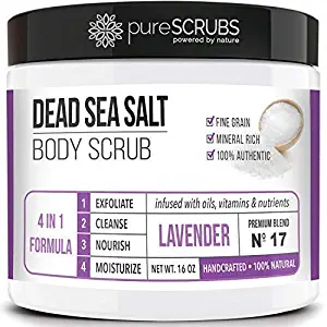 pureSCRUBS Premium Organic Body Scrub Set - Large 16oz LAVENDER BODY SCRUB - Dead Sea Salt Infused Organic Essential Oils & Nutrients + FREE Wooden Spoon, Loofah & Mini Organic Exfoliating Bar Soap