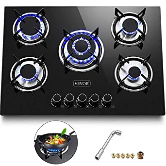 Happybuy 30x20 inches Built in Gas Cooktop 5 Burners Gas Stove Cooktop Tempered Glass Cooktop Gas Hob With Liquid Propane Conversion Kit Thermocouple Protection and Easy To Clean