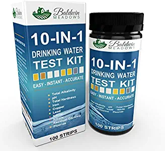 10-in-1 Drinking Water Test Kit by Baldwin Meadows - Water Quality Test for Well Water & Tap Water - IMPROVED SENSITIVITY detects low level ranges for Lead, Fluoride, Iron & Copper + MORE! 100 Count