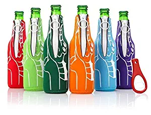 Beer Bottle sleeves - Set of 6 Multi Color Zipper Alligator Coolies - Extra Thick Neoprene - Fully stitched, Non-Glued Base - Bonus Bottle Opener - Trendy & Awesome Gift or Hosting Item #6WA