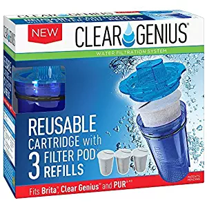 Clear Genius Reusable Cartridge With Filterpod Refill SU-31, Includes Reusable Filter Cartridge and 3 Filter Pod Refills, Lasts for 2 months, Blue, Fits Brita & Pur