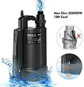 TACKLIFE Submersible Water Pump, Automatic ON/OFF, 1/3 HP 30 dB 3/4" Adapter 2550 GPH Maximum Flow, Suitable for Use in Farms/Swimming Pools/Flooded Basements/Drainage in Water Transfer Applications