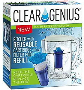 Clear Genius Water Pitcher Filtration System FWP-1, Includes Reusable Filter Cartridge and Filter Pod Refill, Clear, 6-Cup Capacity