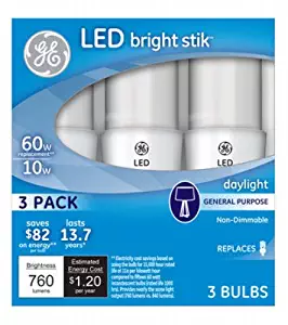 GE Lighting 79369 LED Bright Stik 10-watt (60-Watt Replacement), 760-Lumen Light Bulb with Medium Base, Daylight, 1 Box (3 Bulbs Total)