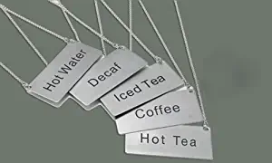 LeRose Stainless Steel Chain Signs ~ Set of 5 ~ "Coffee", "Decaf", "Hot Water", "Hot Tea", "Iced Tea" ~ 3-1/2" x 1-3/4" Beverage Table Display Signs