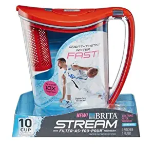 Brita Large 10 Cup Stream Filter as You Pour Water Pitcher with 1 Filter, Rapids, BPA Free, Chili Red (Pack of 2)