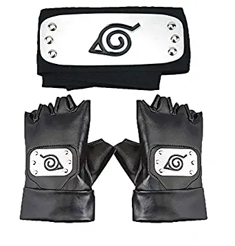 Master Online Naruto Headband, Leaf Village Headband and Cosplay Gloves Hatake Kakashi Ninja Cosplay Accessories（Black）