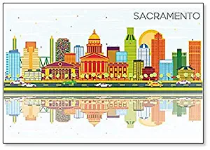 Sacramento USA Skyline with Color Buildings, Blue Sky and Reflections Fridge Magnet