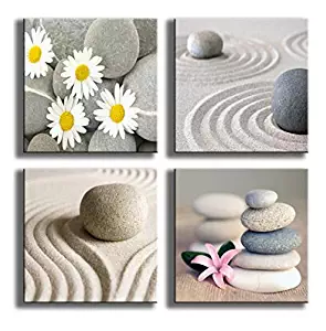 YPY Painting 4 Panels Beach Stone Sand Daisy Flower Beauty Canvas Picture for Wall Décor Home Décor Stretched by Wooden Frame 12x12in