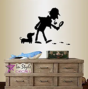 Wall Vinyl Decal Home Decor Art Sticker Detective and Dog Footprint Magnifying Glass Cartoon Kids Nursery Bedroom Room Removable Stylish Mural Unique Design 2313