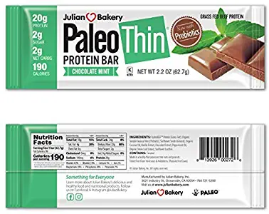 Julian Bakery Paleo Thin Protein Bar | Chocolate Mint | Grass-Fed Beef | 20g Protein | 2 Net Carbs | 10 Bars
