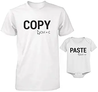 Funny Daddy and Baby Matching T-Shirt and Bodysuit Set - Copy and Paste, Adult (XL)- Baby (6 Months), White
