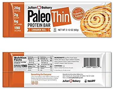 Julian Bakery Paleo Thin Protein Bar | Cinnamon Roll | Egg White Protein | 20g Protein | 6 Net Carbs | 10 Bars