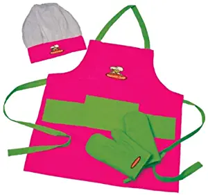 Curious Chef Child Textile Set - 4-Piece Set I Real Chef's Wear for Children I Child-Sized Apron, Oven Mitts & Hat I Machine Washable I Pink/Green