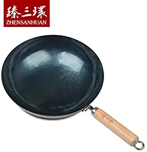 ZhenSanHuan Chinese Hand Hammered Iron Woks and Stir Fry Pans Wood Handle, Non-stick, No Coating, Less Oil, 章丘铁锅，舌尖上的中国，A bite of China (Seasoned 34CM)