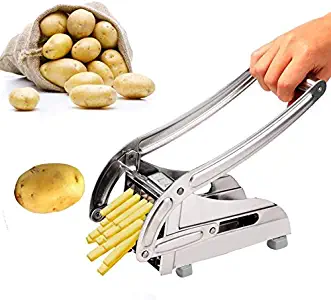 Creine Stainless Steel French Fry Cutter, Professional Fry Maker Potato Chipper Slicer with 2 Interchangeable Blades and Stable Suction Base for Potato Onion and other Veg (US STOCK)