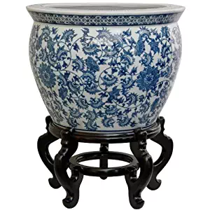 Oriental Furniture 16" Floral Blue & White Porcelain Fishbowl