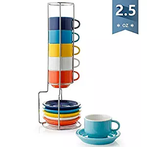 Sweese 4311 Porcelain Stackable Espresso Cups with Saucers and Metal Stand - 2.5 Ounce for Specialty Coffee Drinks, Latte, Cafe Mocha and Tea - Set of 6, Hot Assorted Colors