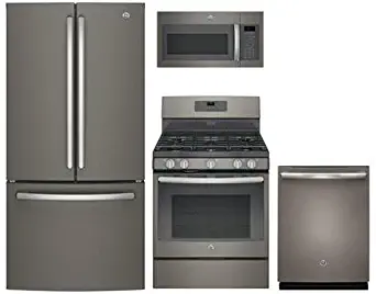 GE 4-Piece Package with GNE25JMKES 33" French Door Refrigerator, JGB660EEJES 30" Freestanding Gas Range, JVM6175EKES 30" Over the Rage Micorwave Oven and GDT655SMJES 24" Built In Dishwasher in Slate