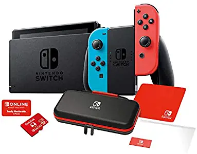Nintendo Switch Animal Crossing Bundle with Neon Blue and Neon Red Joy‑Con | Newer Model | Long Battery | 128GB SanDisk Nintendo Licensed Micro SD Card|12 Month Family Plan | VGSION HDMI Cable