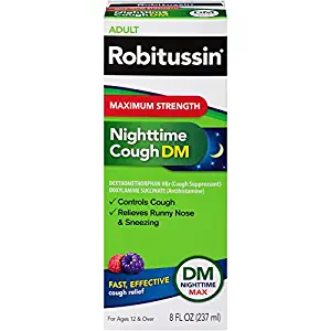 Robitussin Adult Maximum Strength Nighttime Cough DM Max (8 fl. oz. Bottle), Cough Suppressant & Antihistamine, Blue Raspberry Flavor