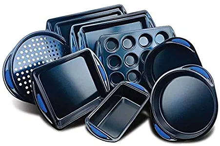 10-Piece Kitchen Oven Baking Pans - Deluxe Carbon Steel Bakeware Set with Stylish Non-stick Blue Coating Inside and Out, With Blue Silicone Handles Dishwasher Safe & PFOA, PFOS, PTFE Free