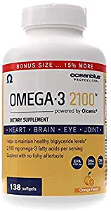 Ocean Blue Omega 3 2100-138 Bonus Bottle - 15% More Free - Orange Flavor - Olcenic Blend - Burpless & No Fishy Aftertaste - High Potency - Heart Health - Cholesterol - Eye & Brain Support