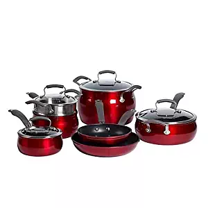 11-Piece Translucent Aluminum Nonstick Cookware Set in Red - Heavy-Gauge Aluminum Construction, Oven Safe up to 350º F, Double-Riveted Silicone Handles