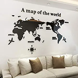KINBEDY Acrylic 3D Wall Stickers Black World Map Wall Decal Easy to Install &Apply DIY Decor Sticker Home Art Decor. World Map.