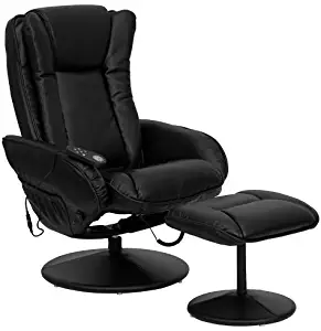 Flash Furniture Massaging Multi-Position Plush Recliner with Side Pocket and Ottoman in Black Leather