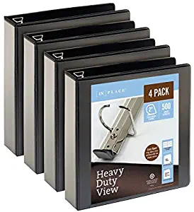 [in]Place Heavy-Duty View 3-Ring Binder, 2" D-Rings, Black, Pack of 4